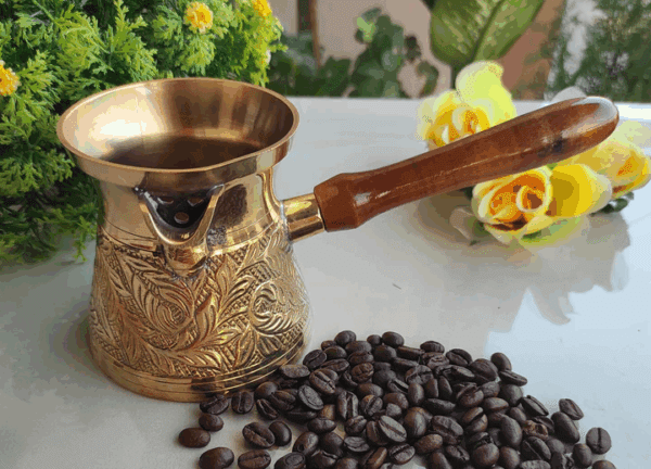 Brass Turkish Kettle Mug with wooden Handle, Coffee tea Mug Pourer, Leaf Design - 275ml