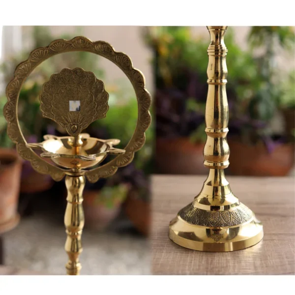 Brass Peacock Top Oil Lamp Stand, Standing Deepak, Diya with 5 wicks, Spiritual Item - 111cm - 1 - Image 6