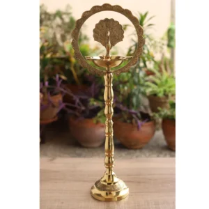 Brass Peacock Top Oil Lamp Stand, Standing Deepak, Diya with 5 wicks, Spiritual Item - 111cm - 1
