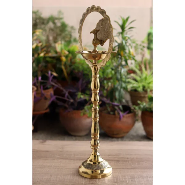 Brass Peacock Top Oil Lamp Stand, Standing Deepak, Diya with 5 wicks, Spiritual Item - 111cm - 1 - Image 4