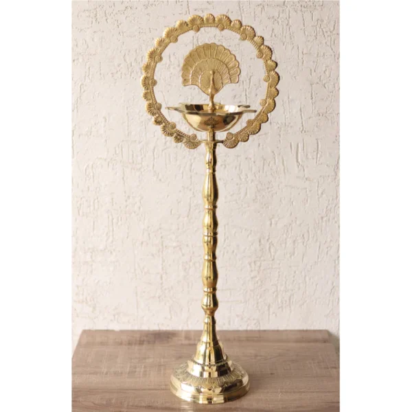 Brass Peacock Top Oil Lamp Stand, Standing Deepak, Diya with 5 wicks, Spiritual Item - 111cm - 1 - Image 5
