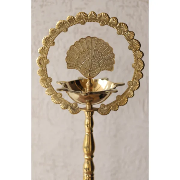 Brass Peacock Top Oil Lamp Stand, Standing Deepak, Diya with 5 wicks, Spiritual Item - 111cm - 1 - Image 2