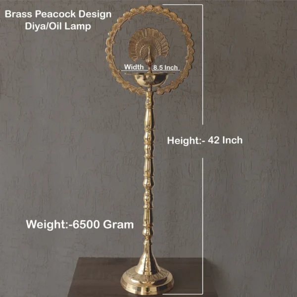 Brass Peacock Top Oil Lamp Stand, Standing Deepak, Diya with 5 wicks, Spiritual Item - 111cm - 1 - Image 8