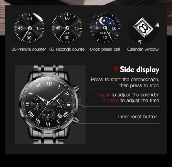 Watch for Men Original Analog Quartz Chronograph Luxury Dress Stainless Steel Ch - Image 3