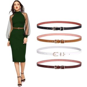 Skinny Women Leather Belt for Dresses Thin Waist Belt for Jeans Pants with Buckl