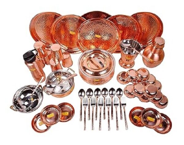 Pure Copper Dinner Set - 63 Pieces - Designer - (Hammer Copper Thali Set)