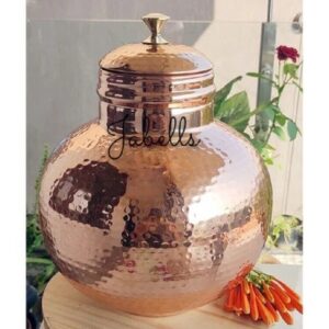 Pure Copper Hammered Design Matka/Pot with Lid & Brass Knob On Top, Drinkware &