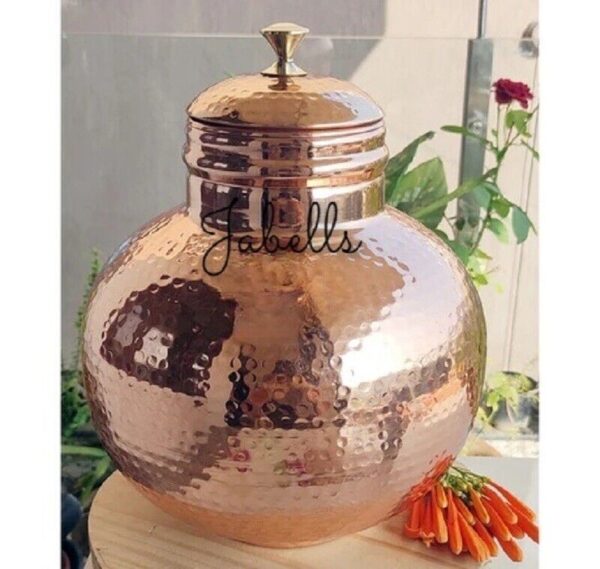 Pure Copper Hammered Design Matka/Pot with Lid & Brass Knob On Top, Drinkware &