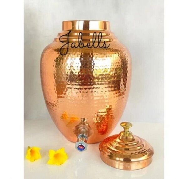 Pure Copper Hammered Design Matka/Pot with Lid & Brass Knob On Top, Drinkware & - Image 13