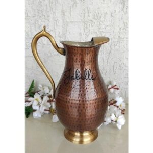 Copper Tin Mughlai Hammered Design Antique Dark Tone Jug with Brass Handle & Bot