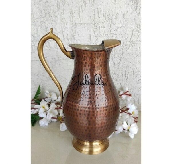 Copper Tin Mughlai Hammered Design Antique Dark Tone Jug with Brass Handle & Bot