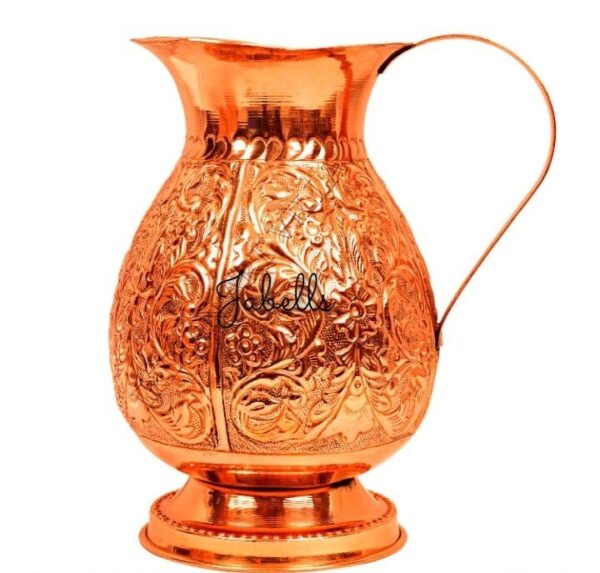 Copper Tin Mughlai Hammered Design Antique Dark Tone Jug with Brass Handle & Bot - Image 2