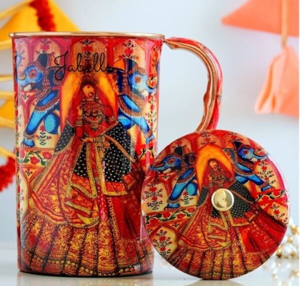Copper Tin Mughlai Hammered Design Antique Dark Tone Jug with Brass Handle & Bot - Image 3