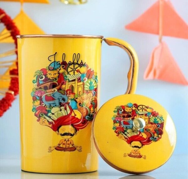 Copper Tin Mughlai Hammered Design Antique Dark Tone Jug with Brass Handle & Bot - Image 4