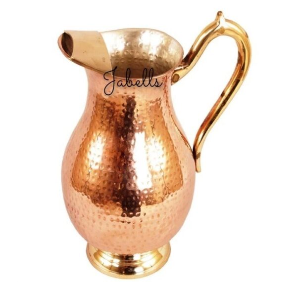 Copper Tin Mughlai Hammered Design Antique Dark Tone Jug with Brass Handle & Bot - Image 8