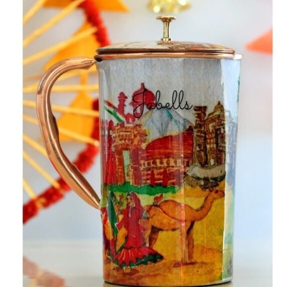 Copper Tin Mughlai Hammered Design Antique Dark Tone Jug with Brass Handle & Bot - Image 14