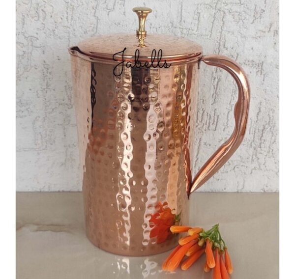 Copper Tin Mughlai Hammered Design Antique Dark Tone Jug with Brass Handle & Bot - Image 16