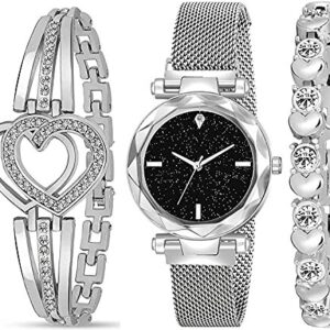 Analogue Diamond Studded Black Dial Magnet Watch with Gift Bracelet for Women an