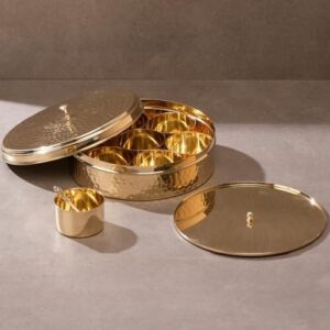 Brass Masala Box for Kitchen with Spoon Masala Dani Spice Box Set Anjarai Petti