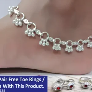 Silver Platted Anklet Payal For Women And Girls in 10.20" Inches Standard Size With Free Toe Rings. Pajeb
