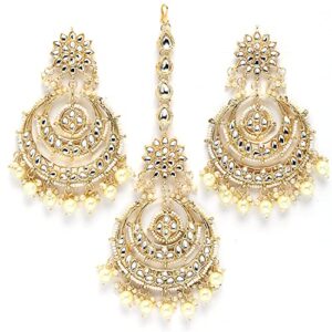 Traditional Gold Plated Big Chandbali Kundan & Pearl Earring Set With Maang Tikka for Women (White) at Amazon.in - Style Name : Yellow