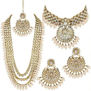 Traditional 18K Gold Plated Kundan & Pearl Studded Bridal Choker Necklace Jewellery Set With Earrings & Maang Tikka for Women (IJ325W)