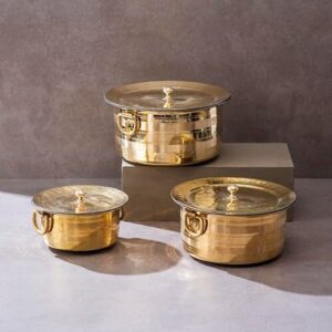 Brass Patila Set of 3 (1l, 3l, 5l) with Lid and Tin Coated, Teflon Free and 100%