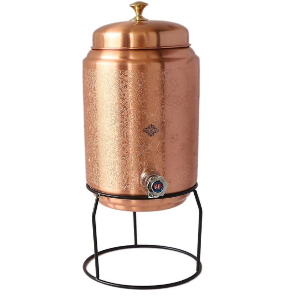 Copper Water Pot, Embossed Finish Design with Brass Tap & Stand, Storage & Servi | eBay - Image 3