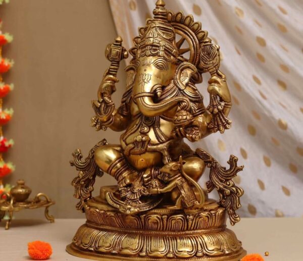Brass Ganesh Statue | Ganpati Sitting on Lotus Base | Golden Ganesha | Fine Work | eBay - Image 4