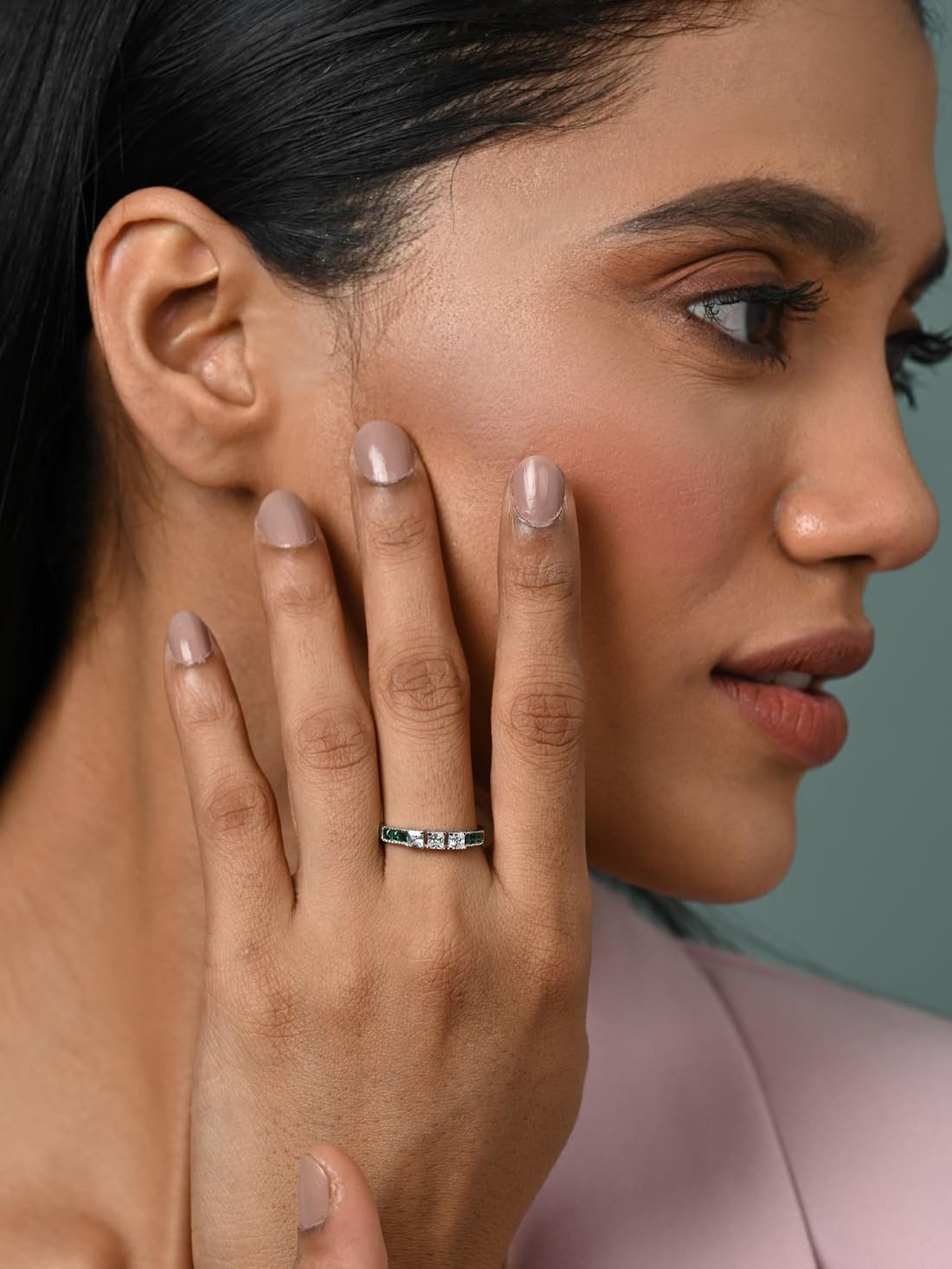 925 Sterling Silver Vera Minimal Green Finger Ring | Swiss Zircon Platinum Plate | eBay - الصورة 3