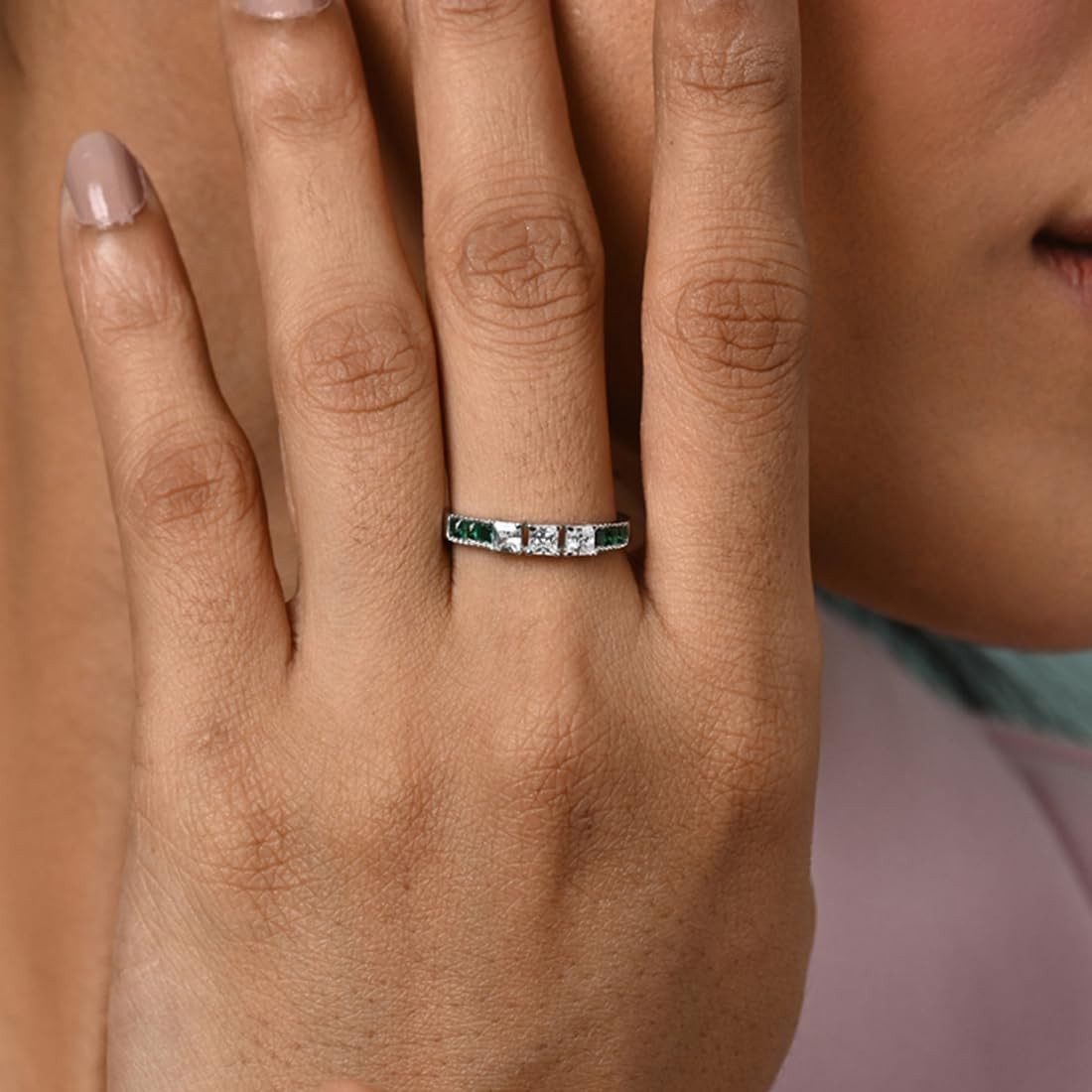 925 Sterling Silver Vera Minimal Green Finger Ring | Swiss Zircon Platinum Plate | eBay - الصورة 4