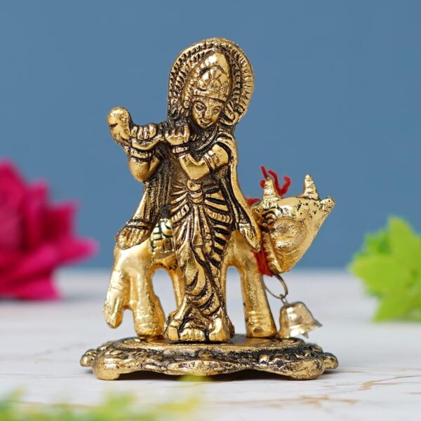 Premium Metal Lord Krishna Playing Flute On Kamdhenu Cow Idol Statue Murti Hindu | eBay
