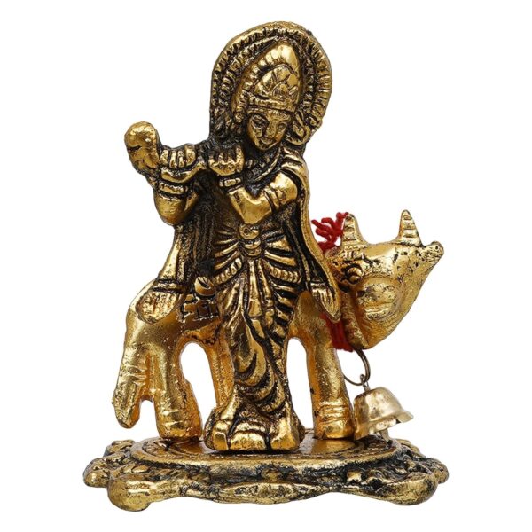 Premium Metal Lord Krishna Playing Flute On Kamdhenu Cow Idol Statue Murti Hindu | eBay - Image 4