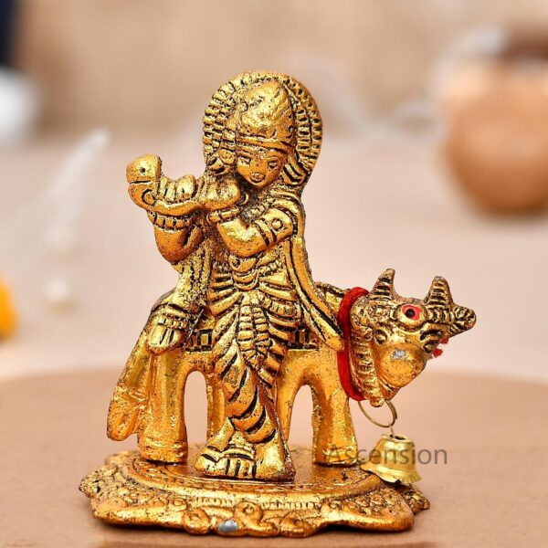 Handicraft Lord Krishna with Playing Flute On Kamdhenu Cow Idol Statue Hindu God | eBay - Image 2