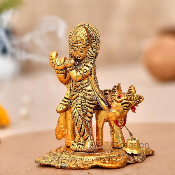Handicraft Lord Krishna with Playing Flute On Kamdhenu Cow Idol Statue Hindu God | eBay - Image 4