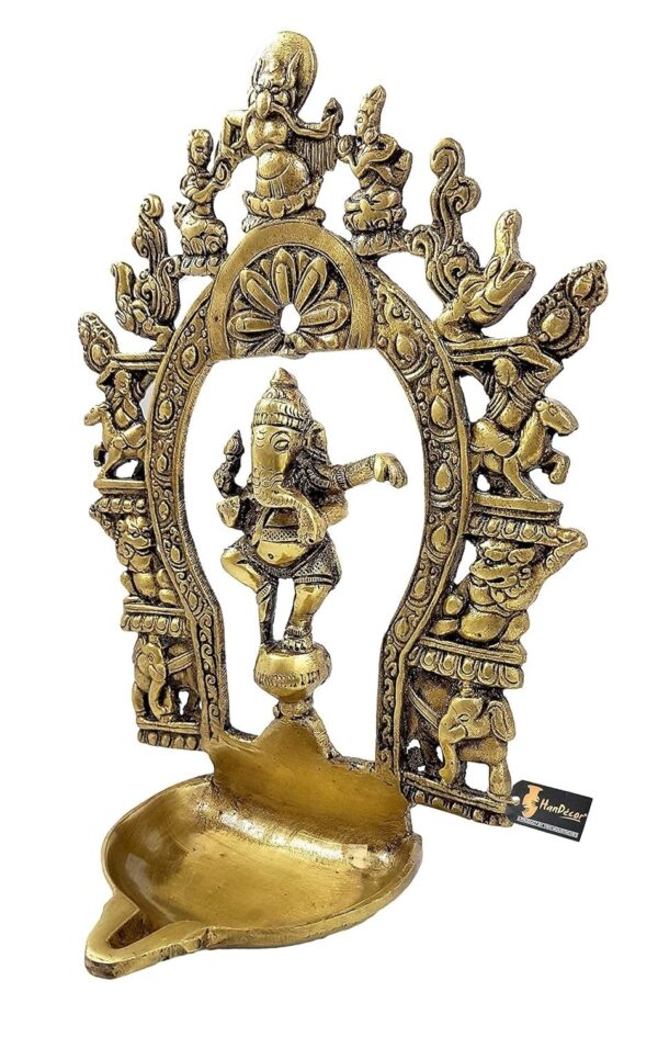 Two Moustaches Brass Ethnic Indian Carving Dancing Ganesha Design Diya with Prab | eBay - Image 4