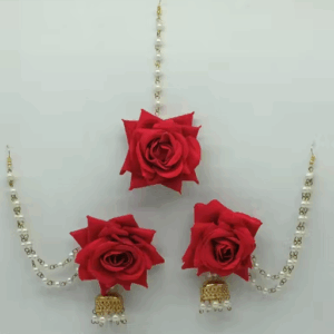 Artificial rose flower jhumki with eair chain and mangtika for haldi mehndi and | eBay