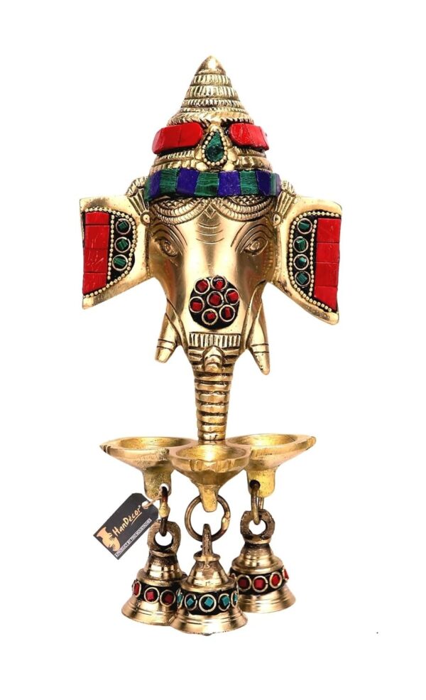 Two Moustaches Gemstone Work Brass Ganesha Wall Hanging Diya with Bells for Home | eBay - Image 5