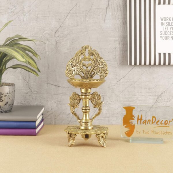 9 Inches Ethnic Twin Peacock Design Brass Oil Diya with Base, Diyas for Puja , H | eBay - Image 2