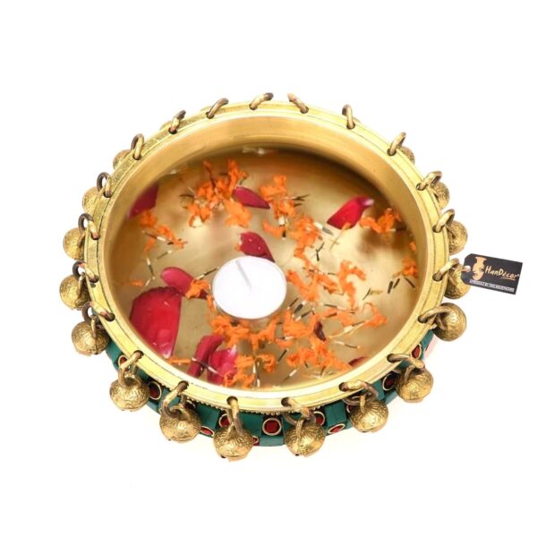Gemstone Work 6 Inch Brass Urli Ethnic Traditional Bowl With Bells, Gemstone Wor | eBay - Image 2