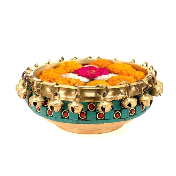 Gemstone Work 6 Inch Brass Urli Ethnic Traditional Bowl With Bells, Gemstone Wor | eBay - Image 3