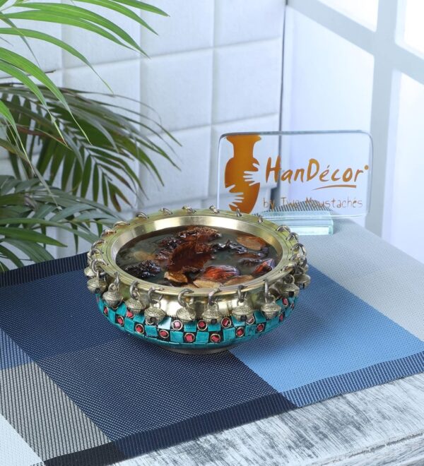 Gemstone Work 6 Inch Brass Urli Ethnic Traditional Bowl With Bells, Gemstone Wor | eBay - Image 5