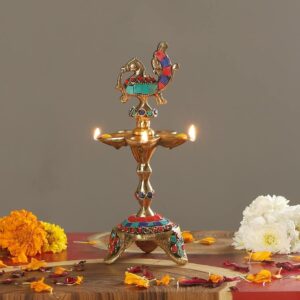 Gemstone Work Peacock Over Ethnic Carved Legs Five Oil Wick Brass Diya, Diya for | eBay