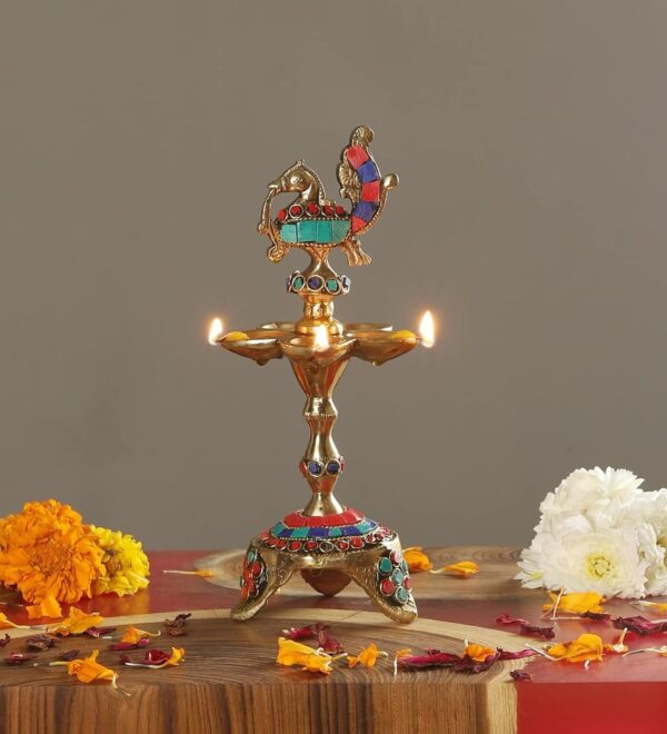 Gemstone Work Peacock Over Ethnic Carved Legs Five Oil Wick Brass Diya, Diya for | eBay