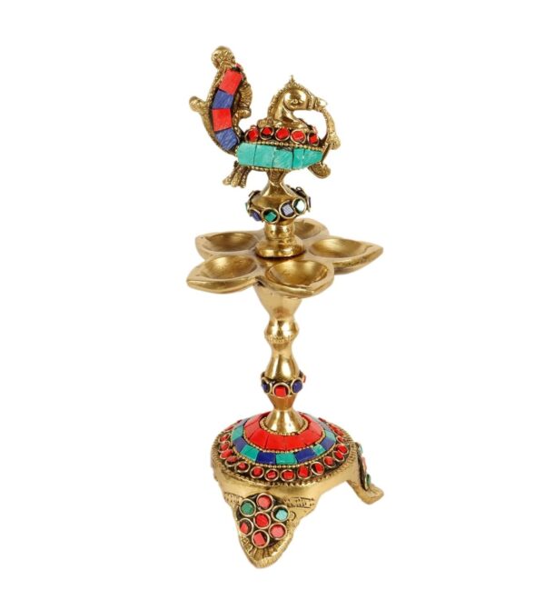 Gemstone Work Peacock Over Ethnic Carved Legs Five Oil Wick Brass Diya, Diya for | eBay - Image 2