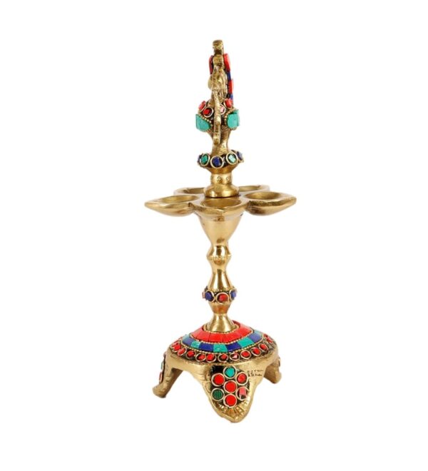 Gemstone Work Peacock Over Ethnic Carved Legs Five Oil Wick Brass Diya, Diya for | eBay - Image 3