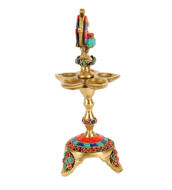 Gemstone Work Peacock Over Ethnic Carved Legs Five Oil Wick Brass Diya, Diya for | eBay - Image 4