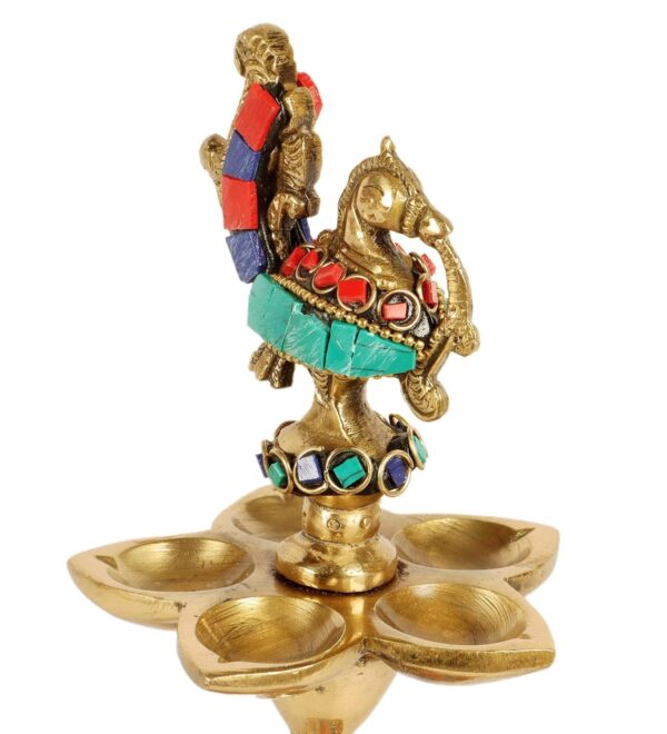 Gemstone Work Peacock Over Ethnic Carved Legs Five Oil Wick Brass Diya, Diya for | eBay - Image 5