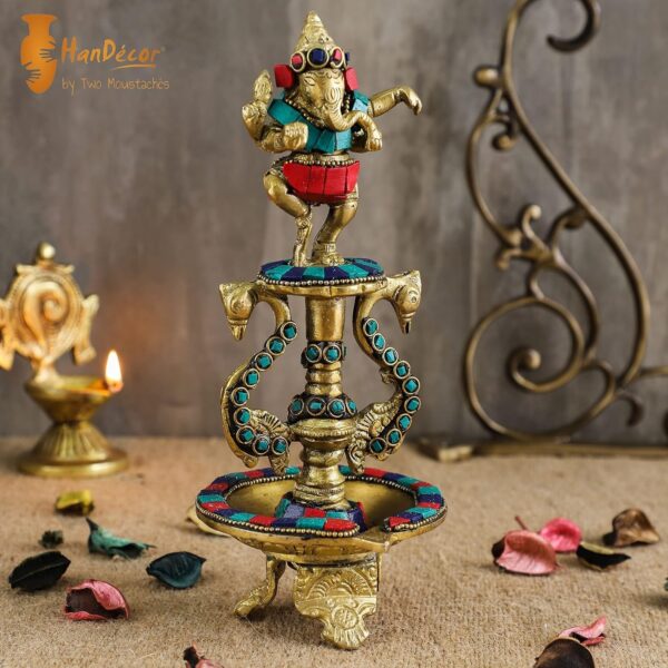 8 Inches Dancing Ganesha Gemstone Work Brass Oil Diya, Brass Lamps for Home , Di | eBay