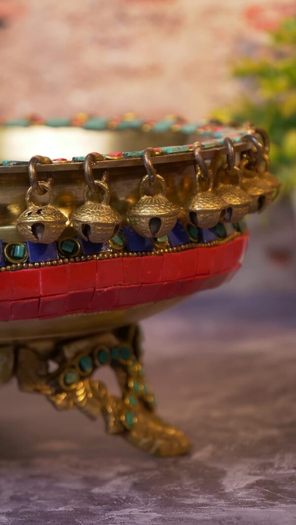 Gemstone Work Brass 8 Inches Urli Bowl on Ethnic Carved Legs for Home Decor, Mat | eBay - Image 2